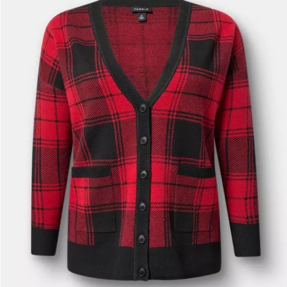 NWT Torrid Luxe Cozy Boyfriend Cardigan Red and Black Plaid Sz 2